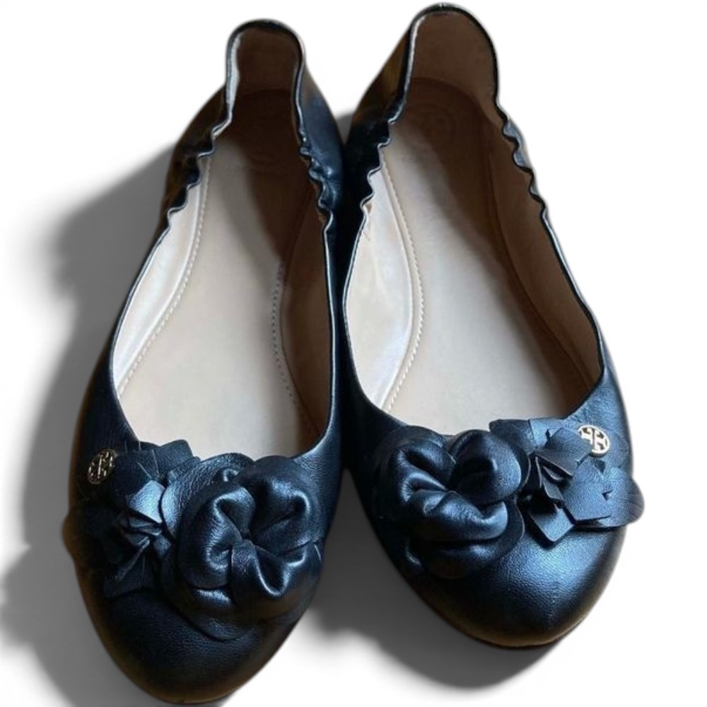 Tory‎ Burch Black Blossom Ballet FlatsSz 8 NWOB